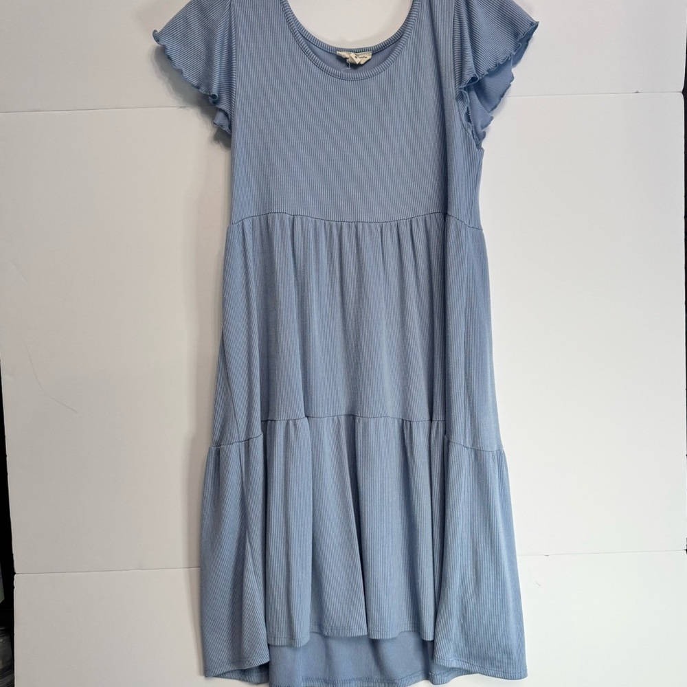 Blue Ribbed Tiered Flutter Sleeve Dress Size M